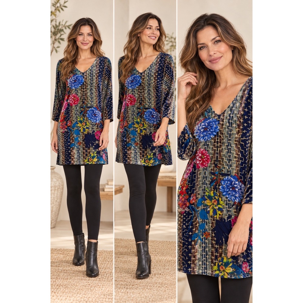 Johnny Was Velvet Floral Tunic Top V-Neck 3/4 Sleeve Multi-Color XS